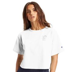 This t-shirt has a comfortable and stylish crop top fit, ideal for sports and casual outfits. Made from 100% cotton jersey for a soft and comfortable feel. The double seams make the T-shirt particularly durable. 1" rib collar and Champion "C" logo on left sleeve. Available in different sizes for different body types. Relaxed Fit Cropped Cotton T-shirt For Sports, Sporty Crew Neck Cropped Shirt For Streetwear, Cropped Cotton Sports T-shirt, Cropped Sports T-shirt, Cropped Cotton T-shirt For Sports, Sporty Crew Neck Cropped Shirt, Sporty Cotton Cropped T-shirt With Graphic Print, Boxy Fit Graphic Cotton Cropped T-shirt, Boxy Fit Cotton Graphic Cropped T-shirt