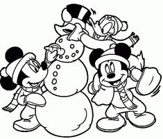 mickey mouse and friends making a snowman coloring page for kids to print out on