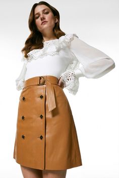 Leather Trench Mini Skirt Elegant Leather Lined Mini Skirt, Elegant Leather Mini Pencil Skirt, Chic Brown Leather Mini Skirt, Tan Leather Mini Skirt, Leather Mini Skirt With Zipper Closure, Skirt Collection, Leather Trench, Leather Mini Skirt, Woman Dress