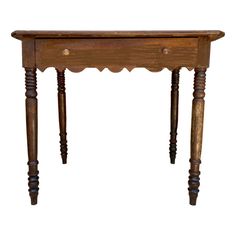 an old wooden table with two legs and a drawer on one end, against a white background