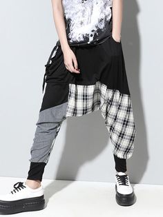 Loose Plaid Split-joint Harem Pants – uoozee Cotton Bottoms With Contrast Color For Streetwear, Streetwear Cotton Bottoms With Contrast Color, Trendy Baggy Patchwork Pants, Trendy Patchwork Pants, Casual Patchwork Trousers, Baggy Patchwork Pants With Tapered Leg, Baggy Patchwork Tapered Leg Pants, Casual Patchwork Tapered Leg Bottoms, Casual Cotton Pants With Contrast Color