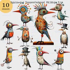 the digital drawing shows different types of birds with hats and beaks on their heads