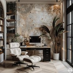 an office with a desk, chair and bookshelf