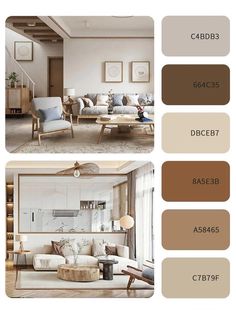 the living room is decorated in neutrals and browns