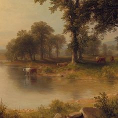 a painting of cows drinking water from a river