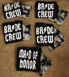 four black and white t - shirts with the words bride crew printed on them are laid out