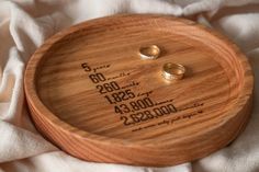 two wedding rings are placed on top of a wooden ring dish that is engraved with the date and year