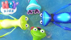 an image of children's toys in the water with fish and bubbles on them