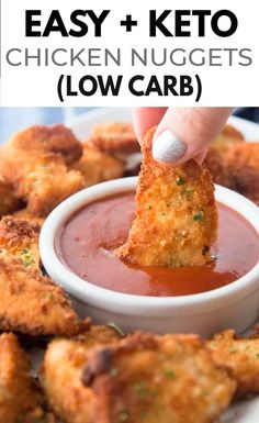 chicken nuggets with ketchup in a bowl on a white plate and text overlay that reads easy keto chicken nuggies low carb