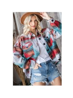 "Boho Vintage Aztec Yellowstone Western Print Flannel Shirt Jacket Shacket Coat - Color: Teal/Rust Mix - Vintage faded look - Distressed frayed raw edges - Button front closure - Distressed buttoned flap chest pockets - Drop shoulder long sleeves - Hi-low hemline - Oversized fit - Front length 24\" Back length 27\" for Plus size" Aztec Jacket, Denim Shacket, Saint John, Boho Vintage, Cotton Jacket, Knit Jacket, Cardigan Jacket, Styl Vintage, Vintage Boho