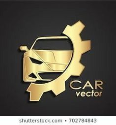 the car logo is gold and has a gearwheel on it's side, with an image of a car in the center