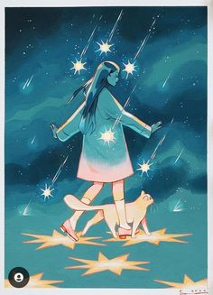 a painting of a girl and her dog walking in the rain with stars above them