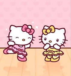 two hello kitty characters standing next to each other in front of a pink wall with hearts