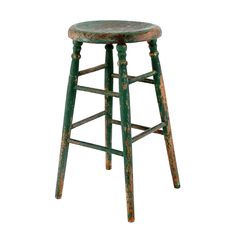 an old wooden stool with green paint on it