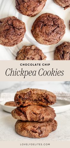 chocolate chip chickpea cookies stacked on top of each other with text overlay