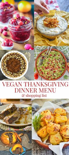 vegan thanksgiving dinner menu with pictures of different dishes and desserts on the table