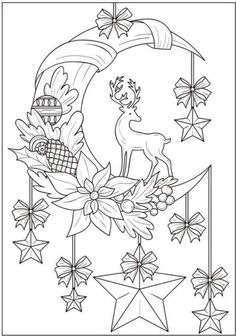 a christmas coloring page with an image of the moon and reindeer on it, surrounded by stars