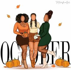 three women standing next to each other near pumpkins