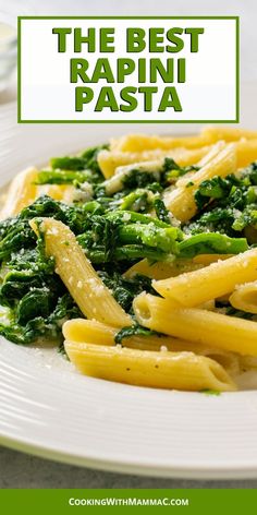 the best rapini pasta with broccoli and pesto on a white plate