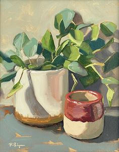 a painting of a plant in a white vase next to a red and white cup