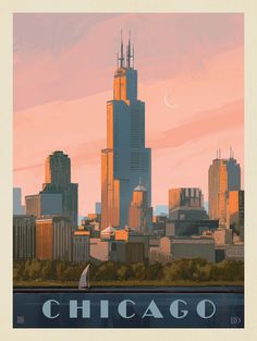 the chicago skyline is shown in this retro style poster