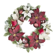 a christmas wreath with poinsettis, bells and greenery on a white background