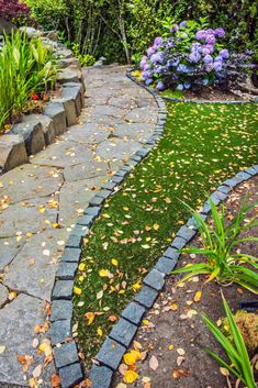 a stone path in the middle of a garden with green grass and flowers on either side