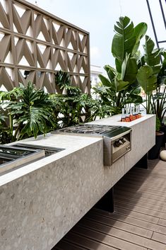 an outdoor kitchen with stainless steel appliances and plant life on the outside wall behind it