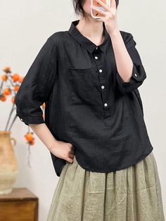 Details: Fabric: 100%Linen Size: One Size Size: Length: 60.00 cm/ 23.62 " Bust: 114.00 cm/ 44.88 " Shoulder: 41.00 cm/ 16.14 " Relaxed Fit Tops With Pockets And 3/4 Sleeves, Spring Linen Tops With Casual Collar, Casual Collared Linen Tops With Pockets, Relaxed Fit Half-sleeve Tops With Buttons, Relaxed Fit Half Sleeve Top With Buttons, Casual Black Shirt With 3/4 Sleeves, Black Linen Top With Pockets, Relaxed Fit Top With Casual Collar For Spring, Relaxed Fit Casual Collar Top For Spring