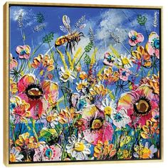 a painting of flowers and bees on a blue sky background