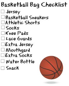 a basketball bag checklist is shown in black and white, with the ball on it