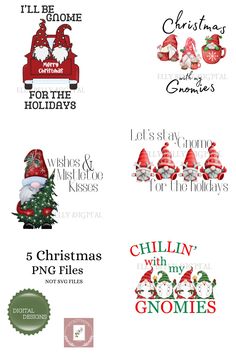 six christmas stickers with santa claus and other holiday items in red, white and green