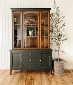 a green china cabinet sitting on top of a wooden floor next to a potted plant