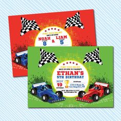 two birthday cards with race cars on them