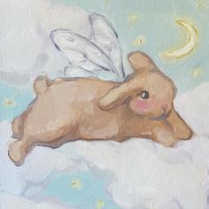 a painting of a brown bunny rabbit with wings on it's back laying in the clouds