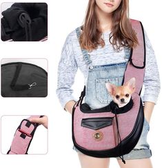 a woman holding a pink and black dog in her back pack with instructions on how to use it