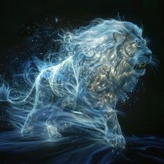 a digital painting of a lion in the water with its head turned to look like it's moving