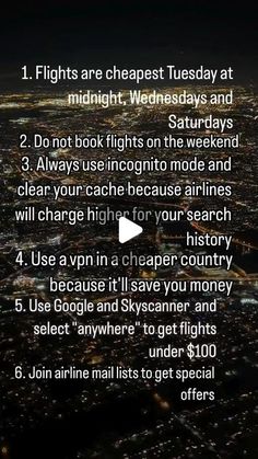 an airplane flight checklist with the words, flights are cheapest tuesday at midnight