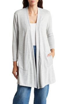 Love to layer this longline cardigan knit with an open front from supremely soft yarns. 33" length (size Small) Open front Long sleeves 95% polyester, 5% spandex Machine wash, dry flat Imported Model stats: 5'10", 32" bust, 25" waist, 36" hip. Model is wearing size Small. Lightweight Open Front Cardigan For Fall, Gray Spring Cardigan For Layering, Lightweight Long Sleeve Casual Cardigan, Lightweight Casual Cardigan For Layering, Open Front Soft Knit Cardigan For Layering, Soft Knit Open Front Cardigan For Layering, Lightweight Casual Open Front Cardigan, Versatile Open Front Cardigan For Layering, Versatile Gray Cardigan For Layering