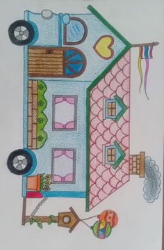 a drawing of a house with a car parked in front of it and a kite hanging from the roof