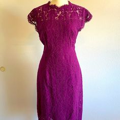 New With Tags. Medium (8-10). Formal Purple Dress With Lace Trim, Fitted Purple Dress With Lace Trim, Elegant Cocktail Dress, Color Purple, Knee Length, Cocktail Dress, Crew Neck, Womens Dresses, Tags