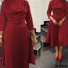 Olivia Mark - Fashionable Solid Color Pleated Dress Elegant African Dresses, African Party Dresses, Autumn 2023, Slim Dress, High Waist Fashion, African Dresses, Office Dresses, Crewneck Dress, African Dresses For Women