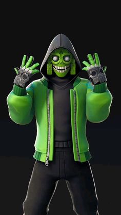 a cartoon character in green and black with his hands up to the side, wearing a hoodie