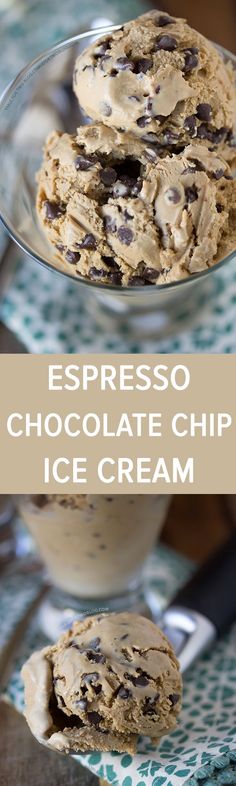 espresso chocolate chip ice cream in a glass bowl