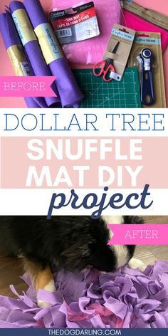 dollar tree snuffle mat diy project with supplies on the floor and text overlay