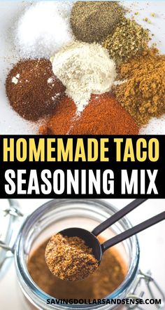 homemade taco seasoning mix in a jar with spoons and spices on top