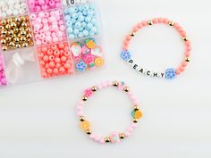 Stacked Sweetly, Sunshine City Stretchy Bracelet Craft Kit, VSCO Activity Box Craft for Teens, Make Your Own Bracelets, DIY Summer Jewelry - Etsy Cute Pink Craft Supplies With Round Beads, Cute Pink Round Beads Craft Supplies, Pink Cute Round Beads Craft Supplies, Fun Pink Round Beads Craft Supplies, Pink Handmade Craft Supplies For Party Favors, Handmade Pink Craft Supplies For Party Favors, Playful Pink Crafts For Gifts, Playful Pink Crafts, Pink Letter Beads Craft Supplies