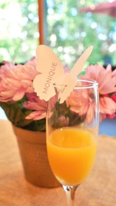 a glass filled with orange juice sitting on top of a table next to a potted plant