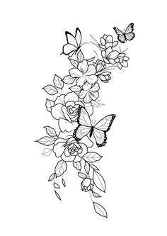 a black and white drawing of flowers with butterflies