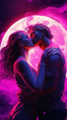 a man and woman kissing in front of a full moon with the sky behind them